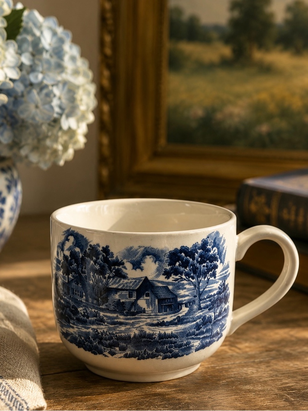 Vintage English Blue & White Transferware Mug | Ironstone Mug Farmhouse Scene